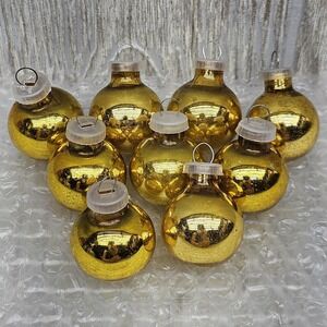 Vtg‎ Mini 1" Gold Mercury Glass Christmas Ornaments Set of 9 Round Shiny